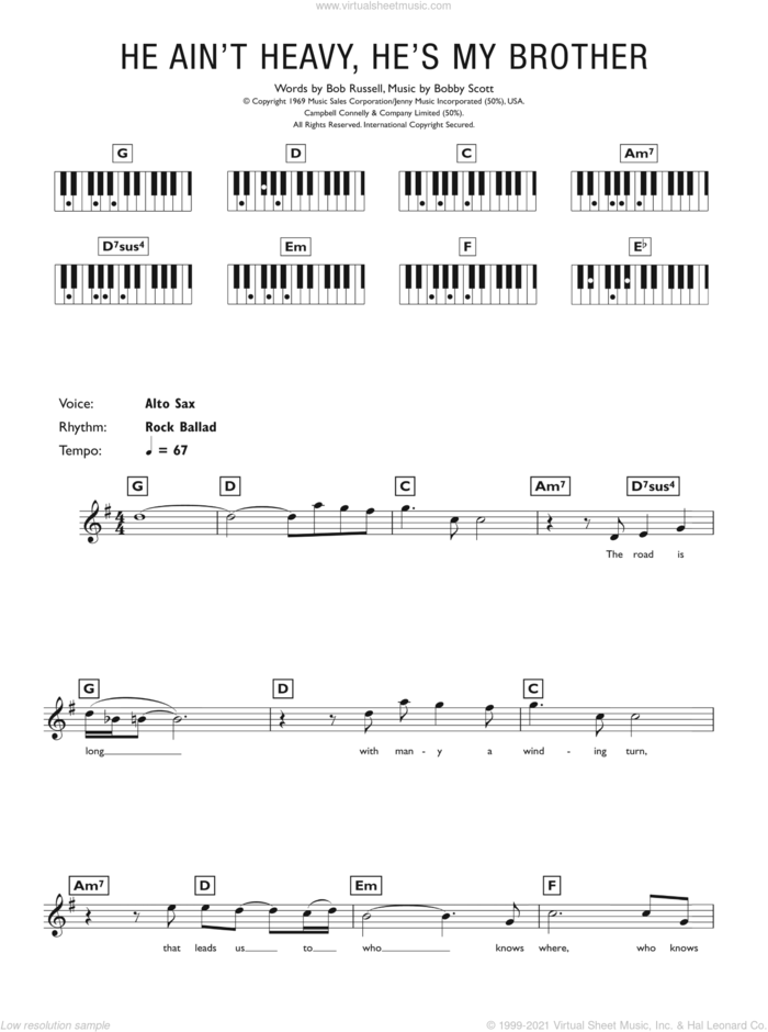 He Ain't Heavy, He's My Brother sheet music for piano solo (chords, lyrics, melody) by The Hollies, Bob Russell and Bobby Scott, intermediate piano (chords, lyrics, melody)