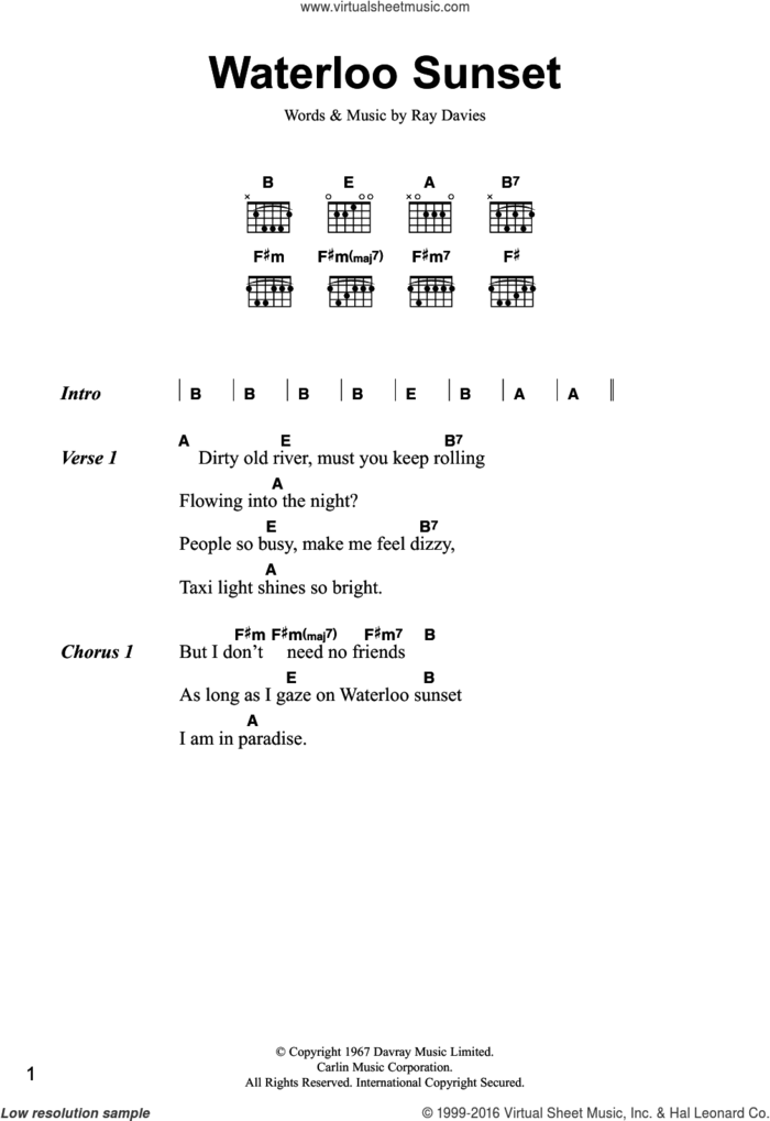 Waterloo Sunset sheet music for guitar (chords) by The Kinks and Ray Davies, intermediate skill level