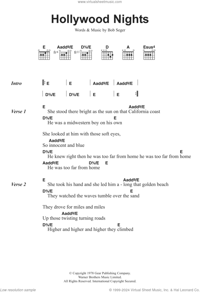 Hollywood Nights sheet music for guitar (chords) by Bob Seger and the Silver Bullet Band and Bob Seger, intermediate skill level