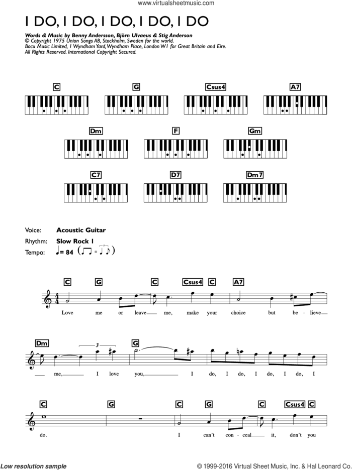 I Do, I Do, I Do, I Do, I Do sheet music for piano solo (chords, lyrics, melody) by ABBA, Benny Andersson, Bjorn Ulvaeus and Stig Anderson, intermediate piano (chords, lyrics, melody)