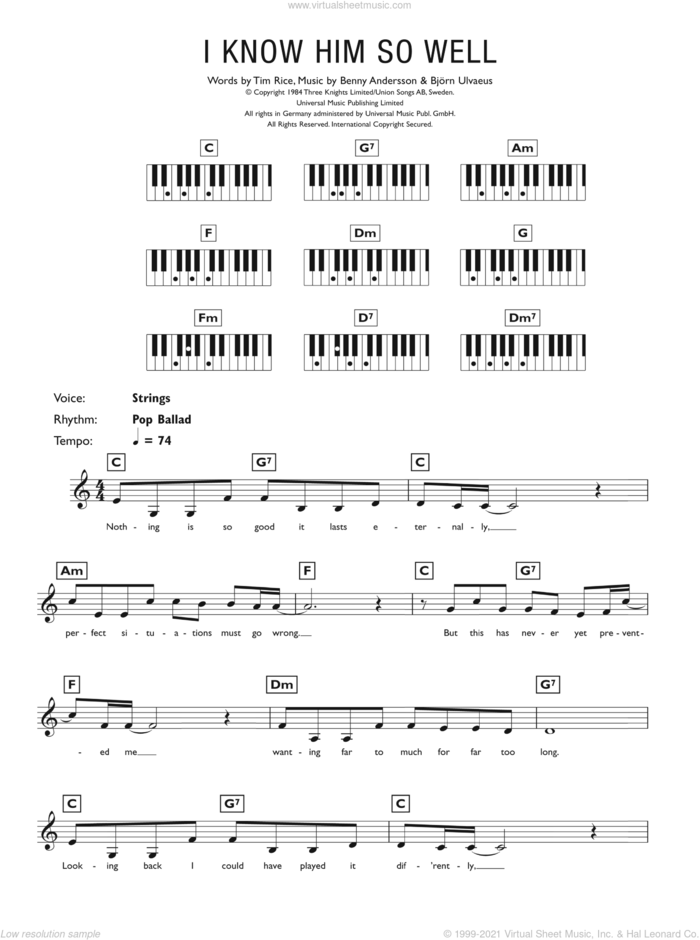 I Know Him So Well (from Chess) sheet music for piano solo (chords, lyrics, melody) by Tim Rice, Elaine Paige, Benny Andersson, Benny Andersson, Tim Rice and Bjorn Ulvaeus and Bjorn Ulvaeus, intermediate piano (chords, lyrics, melody)
