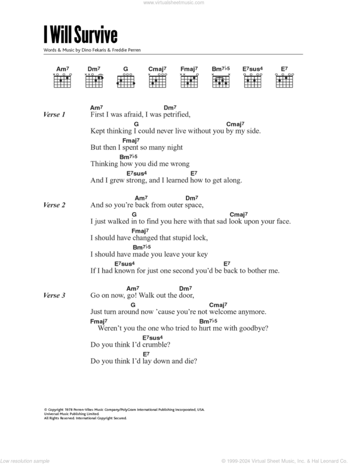 I Will Survive sheet music for guitar (chords) by Gloria Gaynor, Dino Fekaris and Frederick Perren, intermediate skill level