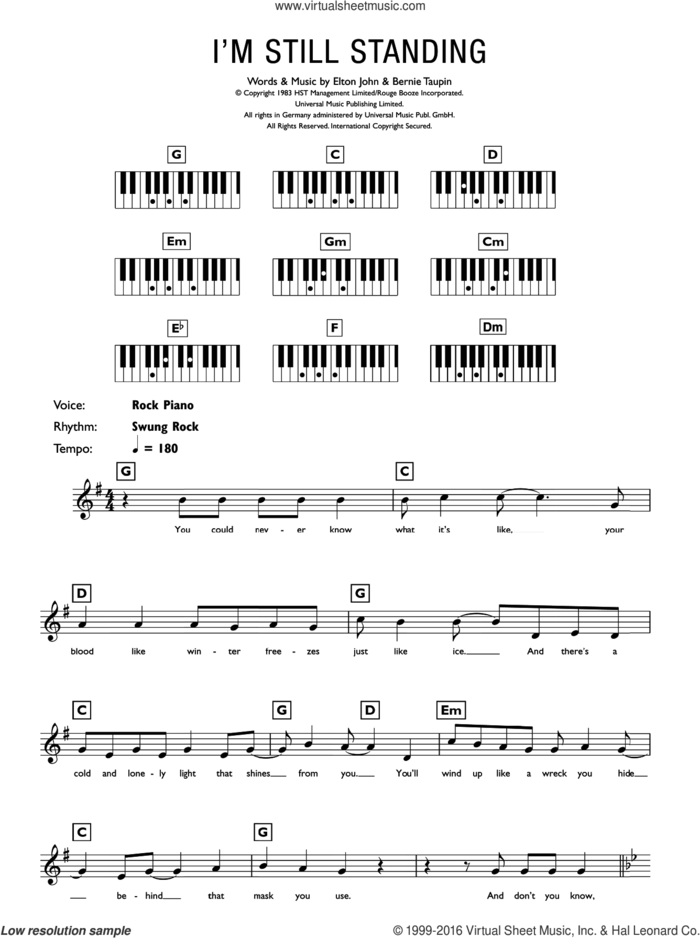 I'm Still Standing sheet music for piano solo (chords, lyrics, melody) by Elton John and Bernie Taupin, intermediate piano (chords, lyrics, melody)