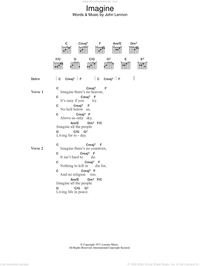 Imagine sheet music for guitar (chords) by John Lennon, intermediate skill level