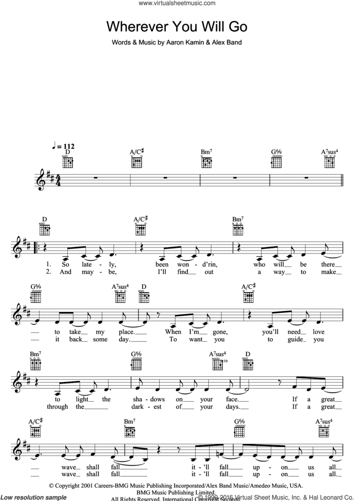 Wherever You Will Go sheet music for voice and other instruments (fake book) by The Calling, Aaron Kamin and Alex Band, intermediate skill level