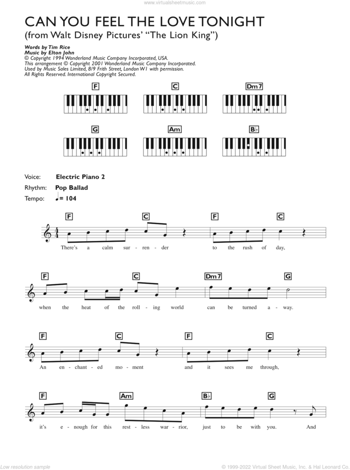 Can You Feel The Love Tonight (from The Lion King) sheet music for piano solo (chords, lyrics, melody) by Elton John and Tim Rice, wedding score, intermediate piano (chords, lyrics, melody)