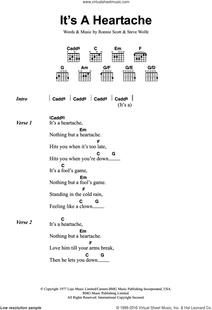 It's A Heartache sheet music for guitar (chords) by Bonnie Tyler, Ronnie Scott and Steve Wolfe, intermediate skill level