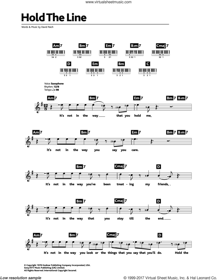 Hold The Line sheet music for piano solo (chords, lyrics, melody) by Toto and David Paich, intermediate piano (chords, lyrics, melody)