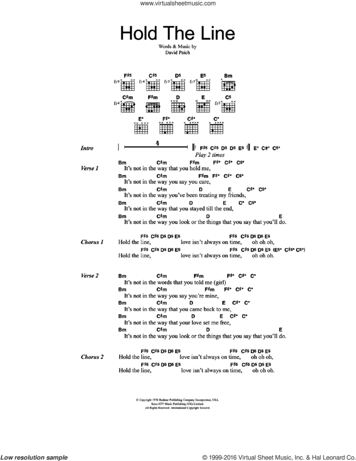 Hold The Line sheet music for guitar (chords) by Toto and David Paich, intermediate skill level