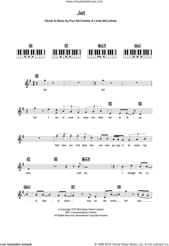 Jet sheet music for piano solo (chords, lyrics, melody) by Wings, Paul McCartney and Linda McCartney, intermediate piano (chords, lyrics, melody)