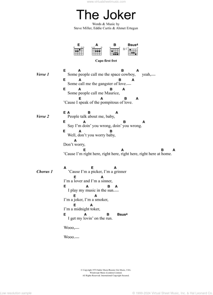 The Joker sheet music for guitar (chords) by The Steve Miller Band, Ahmet Ertegun, Eddie Curtis and Steve Miller, intermediate skill level