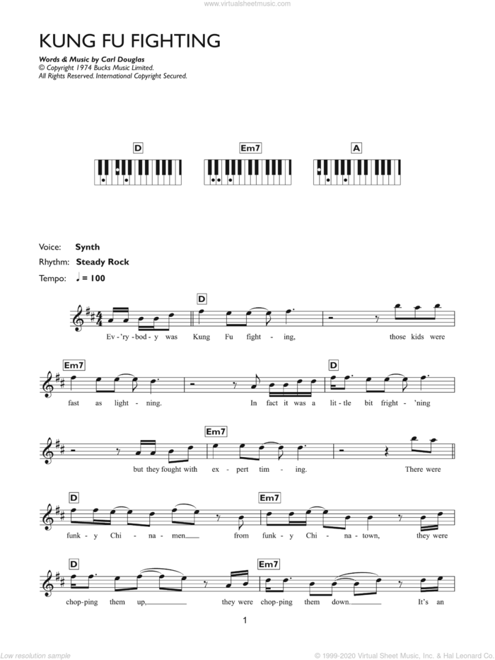 Kung Fu Fighting sheet music for piano solo (chords, lyrics, melody) by Carl Douglas, intermediate piano (chords, lyrics, melody)