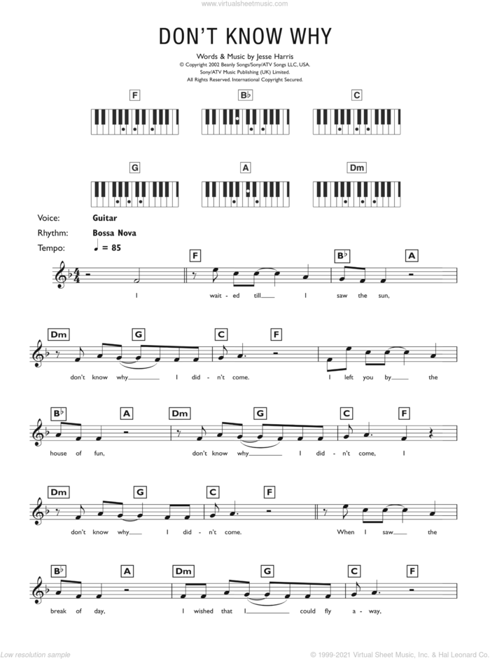 Don't Know Why sheet music for piano solo (chords, lyrics, melody) by Norah Jones and Jesse Harris, intermediate piano (chords, lyrics, melody)