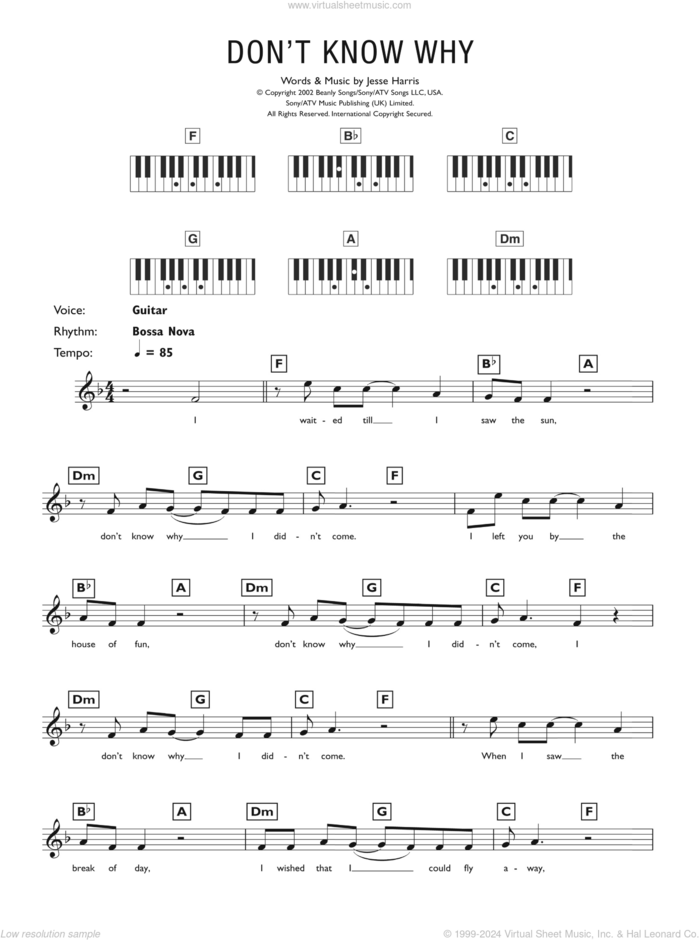 Don't Know Why sheet music for piano solo (chords, lyrics, melody) by Norah Jones and Jesse Harris, intermediate piano (chords, lyrics, melody)