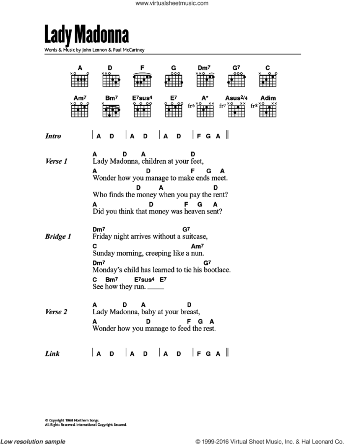 Lady Madonna sheet music for guitar (chords) by The Beatles, Paul McCartney and John Lennon, intermediate skill level