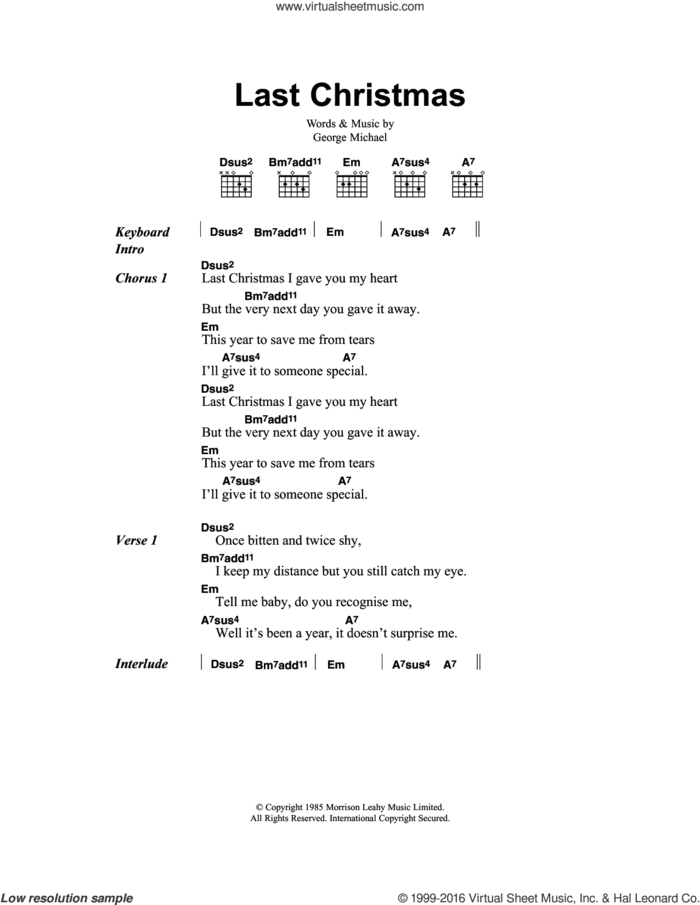 Last Christmas sheet music for guitar (chords) by Wham!, Wham and George Michael, intermediate skill level