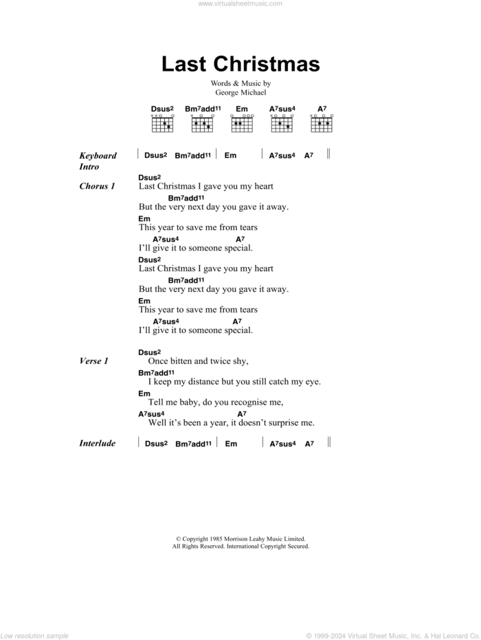 Last Christmas sheet music for guitar (chords) by Wham!, Wham and George Michael, intermediate skill level