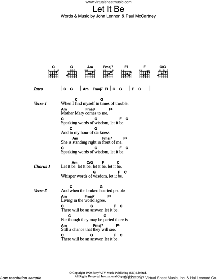 Let It Be sheet music for guitar (chords) by The Beatles, John Lennon and Paul McCartney, intermediate skill level