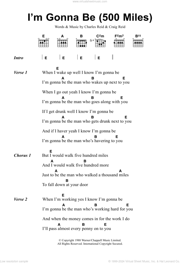 I'm Gonna Be (500 Miles) sheet music for guitar (chords) by The Proclaimers, Charles Reid and Craig Reid, intermediate skill level