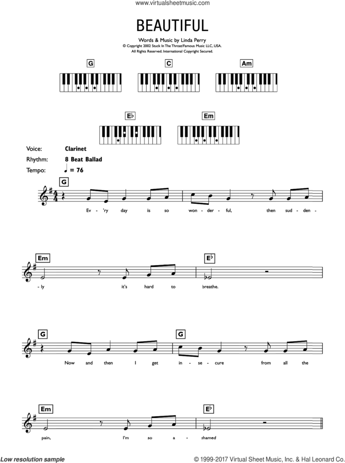 Beautiful sheet music for piano solo (chords, lyrics, melody) by Christina Aguilera and Linda Perry, intermediate piano (chords, lyrics, melody)