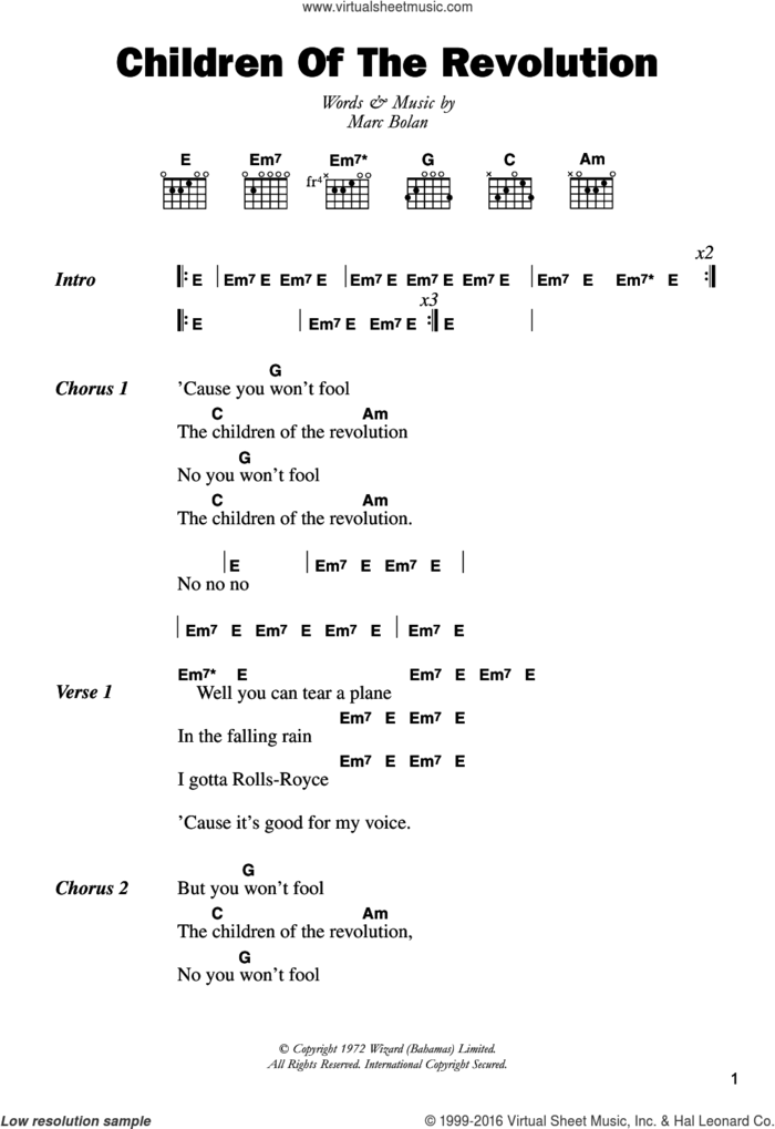 Children Of The Revolution sheet music for guitar (chords) by T Rex, Gavin/ Seezer, Maurice Bono/Friday and Marc Bolan, intermediate skill level