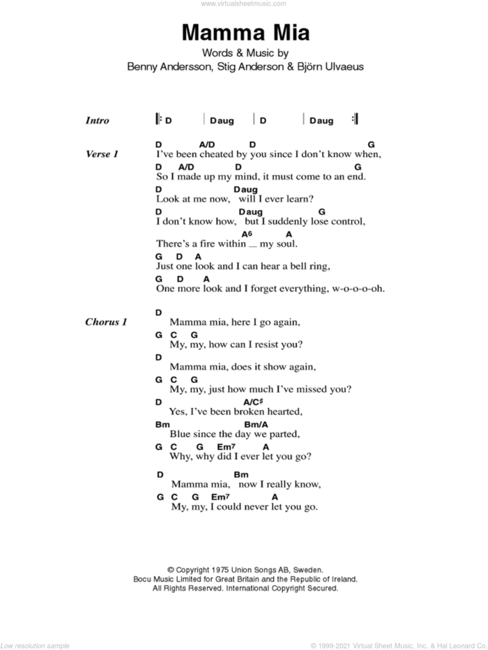Mamma Mia sheet music for guitar (chords) by ABBA, Benny Andersson, Bjorn Ulvaeus and Stig Anderson, intermediate skill level