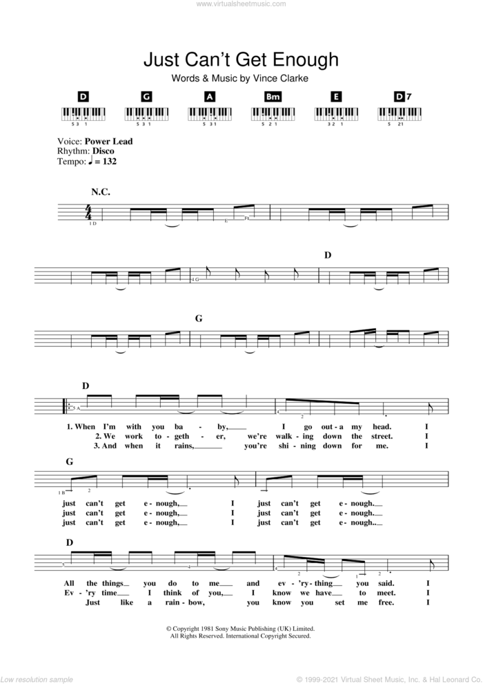 Just Can't Get Enough sheet music for piano solo (chords, lyrics, melody) by The Saturdays and Vince Clarke, intermediate piano (chords, lyrics, melody)
