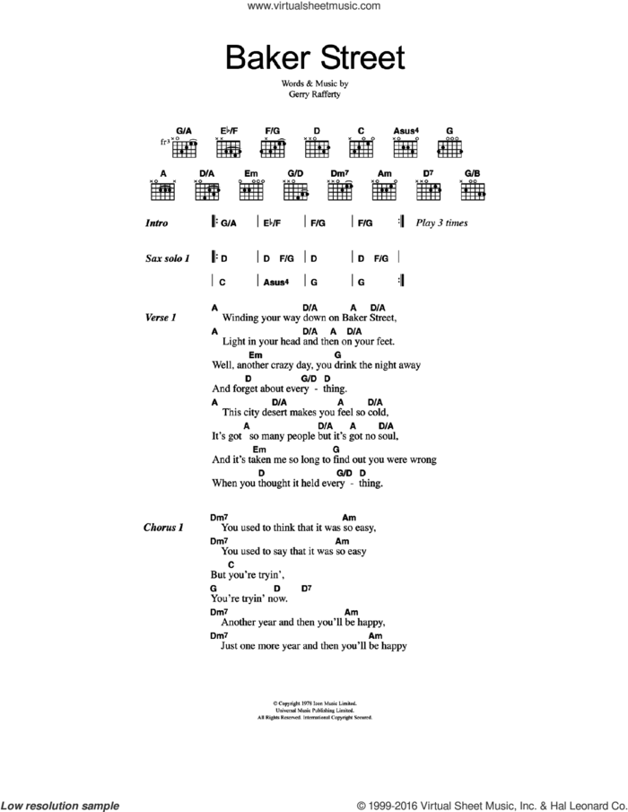 Baker Street sheet music for guitar (chords) by Gerry Rafferty, intermediate skill level