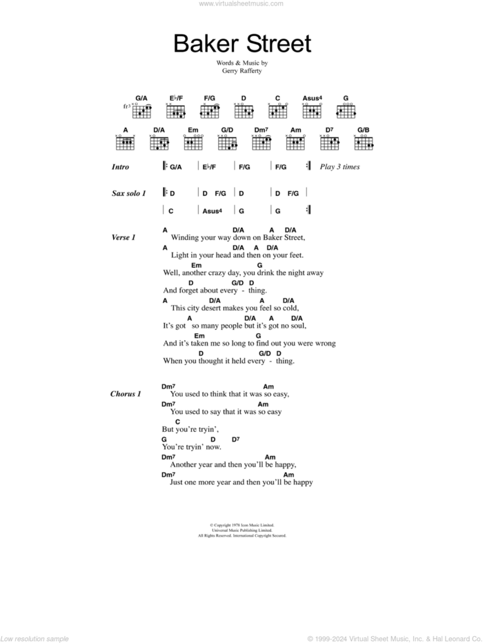 Baker Street sheet music for guitar (chords) by Gerry Rafferty, intermediate skill level