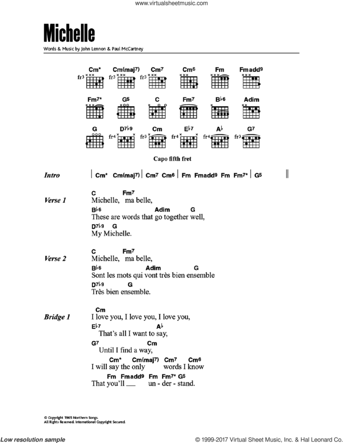 Michelle sheet music for guitar (chords) by The Beatles, John Lennon and Paul McCartney, intermediate skill level