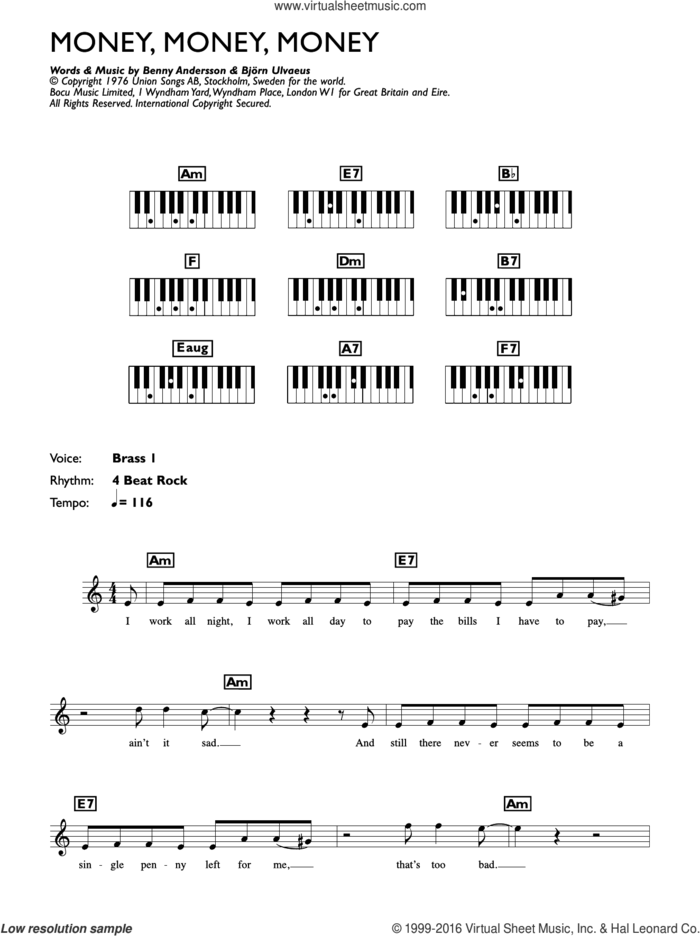 Money, Money, Money sheet music for piano solo (chords, lyrics, melody) by ABBA, Benny Andersson and Bjorn Ulvaeus, intermediate piano (chords, lyrics, melody)