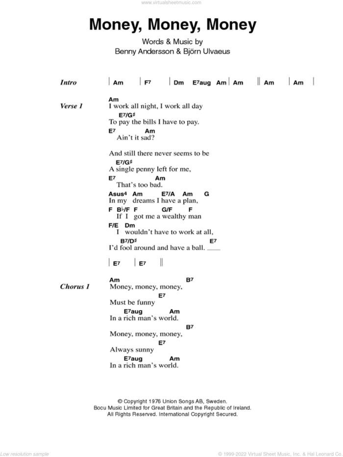Money, Money, Money sheet music for guitar (chords) by ABBA, Benny Andersson and Bjorn Ulvaeus, intermediate skill level