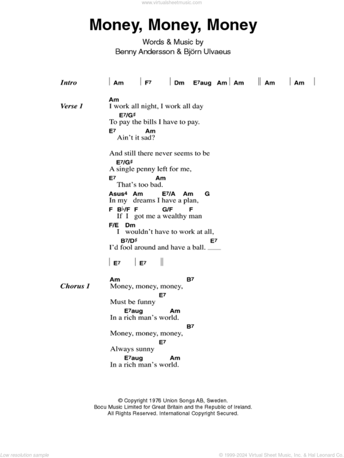 Money, Money, Money sheet music for guitar (chords) by ABBA, Benny Andersson and Bjorn Ulvaeus, intermediate skill level