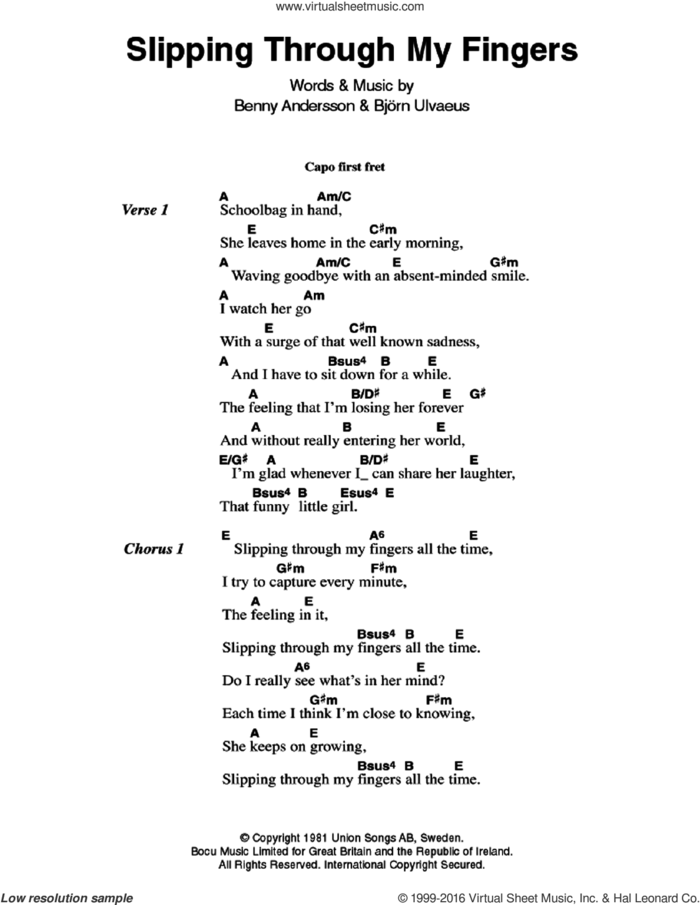 Slipping Through My Fingers sheet music for guitar (chords) by ABBA, Benny Andersson and Bjorn Ulvaeus, intermediate skill level