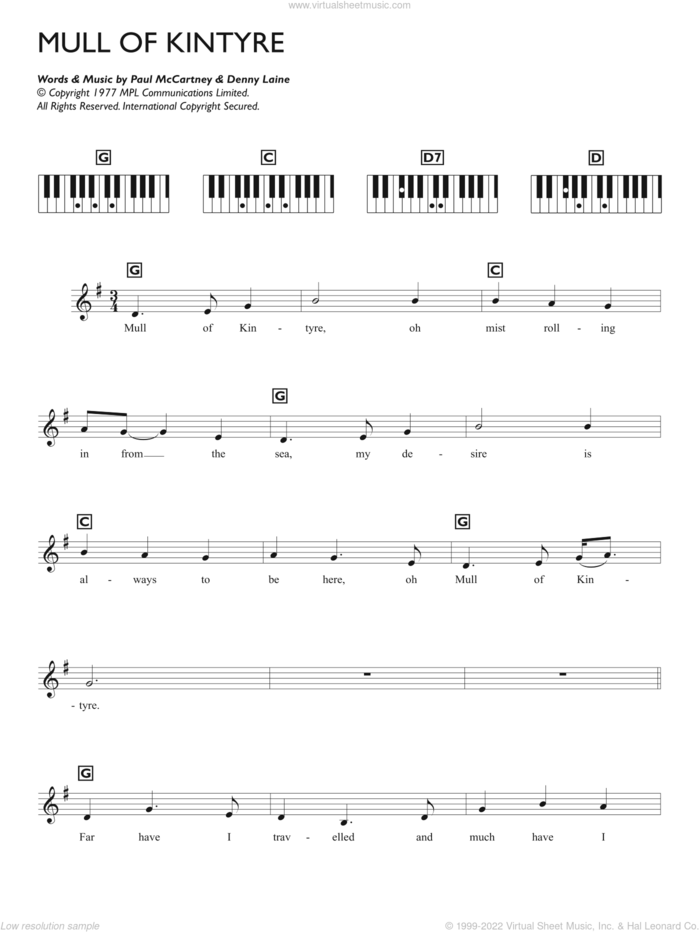 Mull Of Kintyre sheet music for piano solo (chords, lyrics, melody) by Wings, Denny Laine and Paul McCartney, intermediate piano (chords, lyrics, melody)