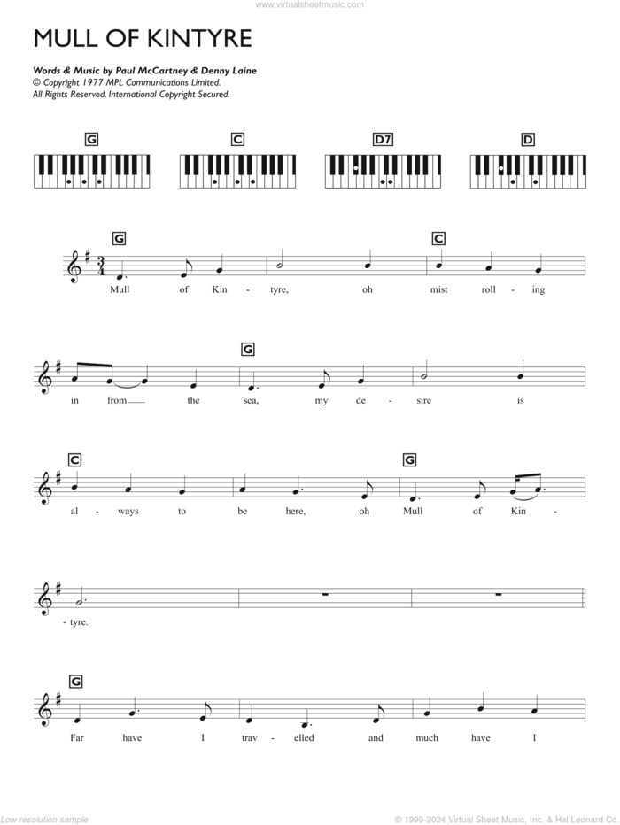 Mull Of Kintyre sheet music for piano solo (chords, lyrics, melody) by Wings, Denny Laine and Paul McCartney, intermediate piano (chords, lyrics, melody)