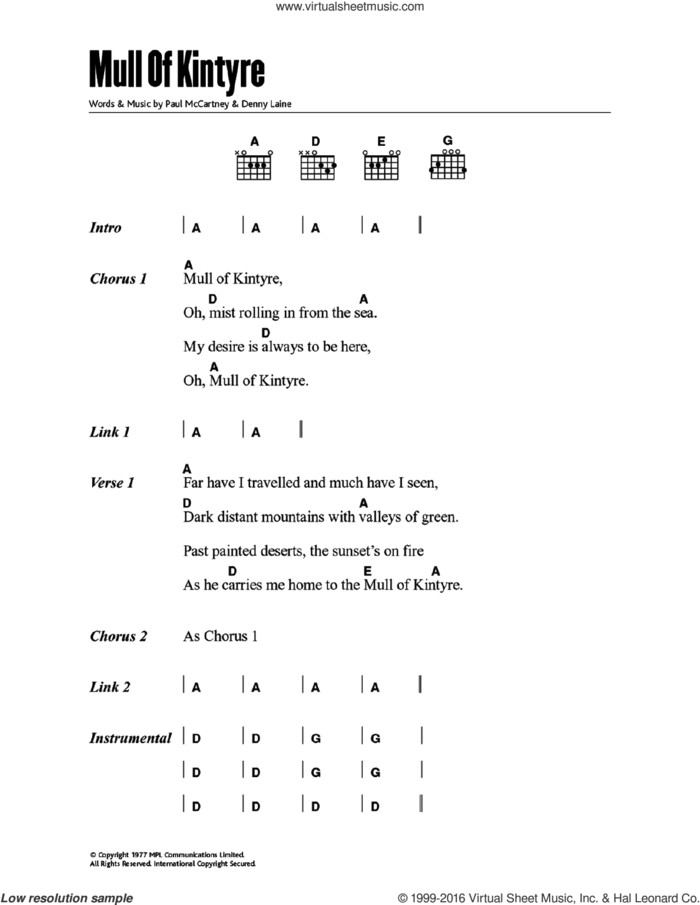 Mull Of Kintyre sheet music for guitar (chords) by Wings, Denny Laine and Paul McCartney, intermediate skill level