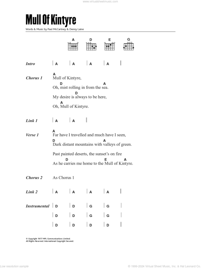 Mull Of Kintyre sheet music for guitar (chords) by Wings, Denny Laine and Paul McCartney, intermediate skill level