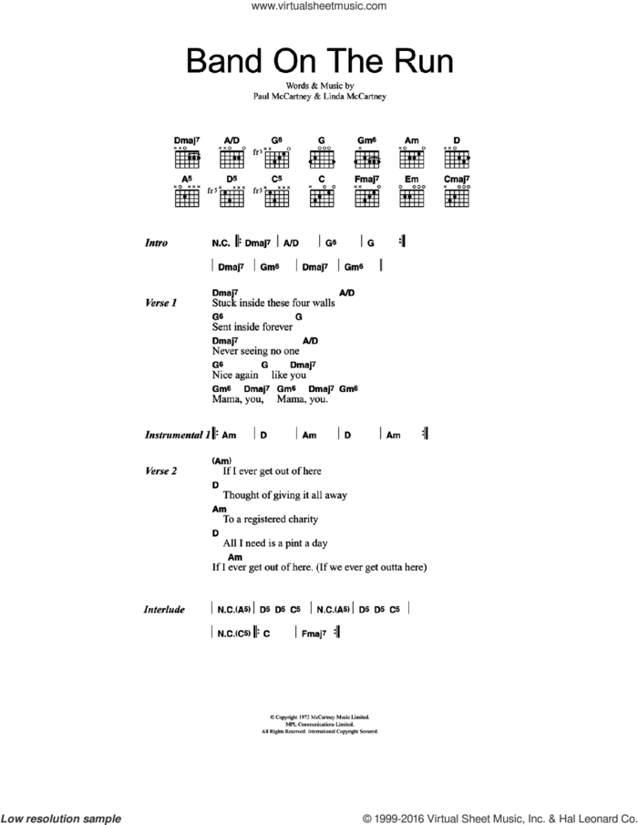 Band On The Run sheet music for guitar (chords) by Wings and Linda McCartney, intermediate skill level
