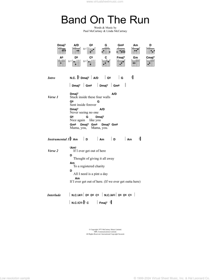 Band On The Run sheet music for guitar (chords) by Wings and Linda McCartney, intermediate skill level