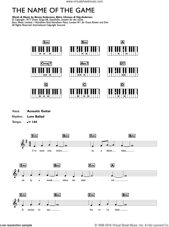 The Name Of The Game sheet music for piano solo (chords, lyrics, melody) by ABBA, Benny Andersson, Bjorn Ulvaeus and Stig Anderson, intermediate piano (chords, lyrics, melody)