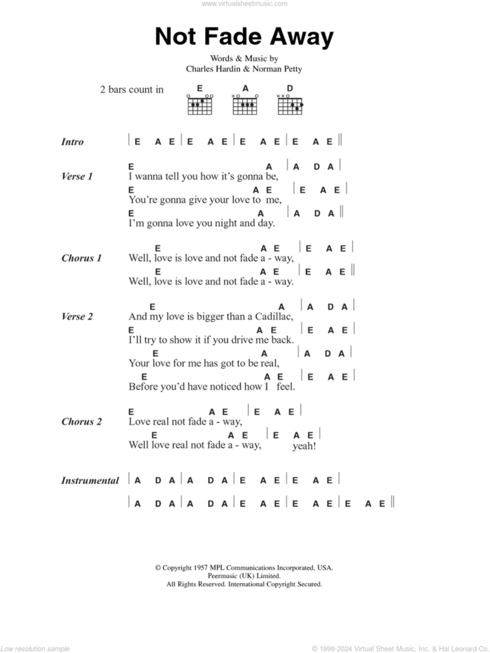 Not Fade Away sheet music for guitar (chords) by The Rolling Stones, Charles Hardin and Norman Petty, intermediate skill level