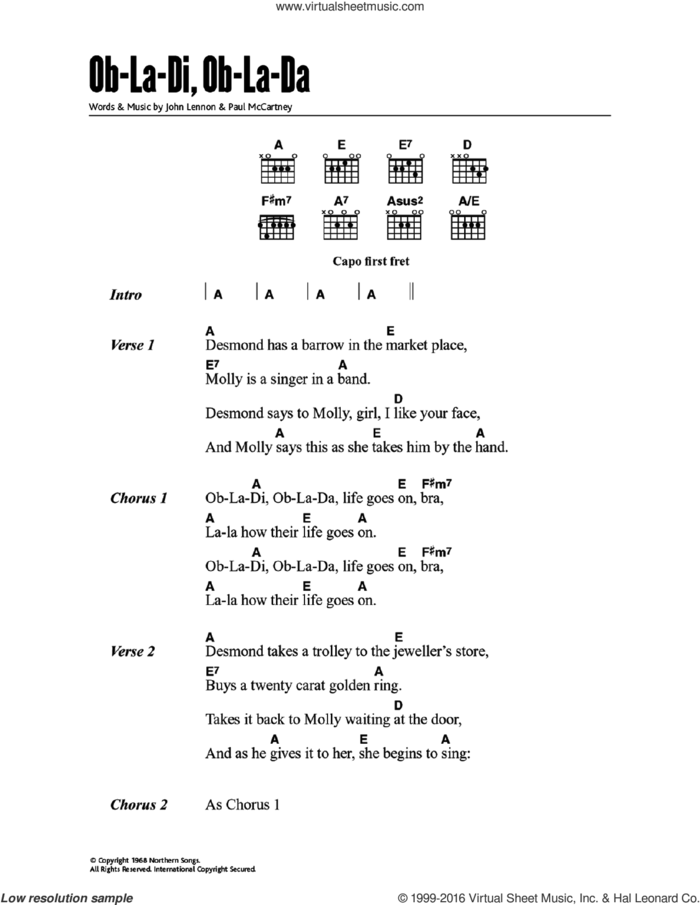 Ob-La-Di, Ob-La-Da sheet music for guitar (chords) by The Beatles, Paul McCartney and John Lennon, intermediate skill level