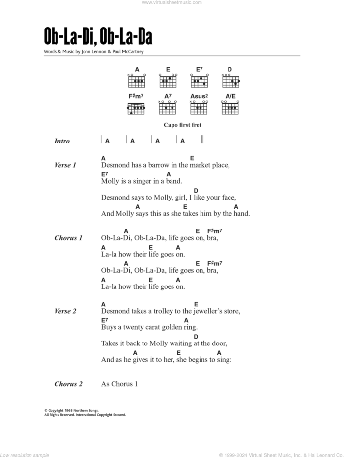 Ob-La-Di, Ob-La-Da sheet music for guitar (chords) by The Beatles, Paul McCartney and John Lennon, intermediate skill level