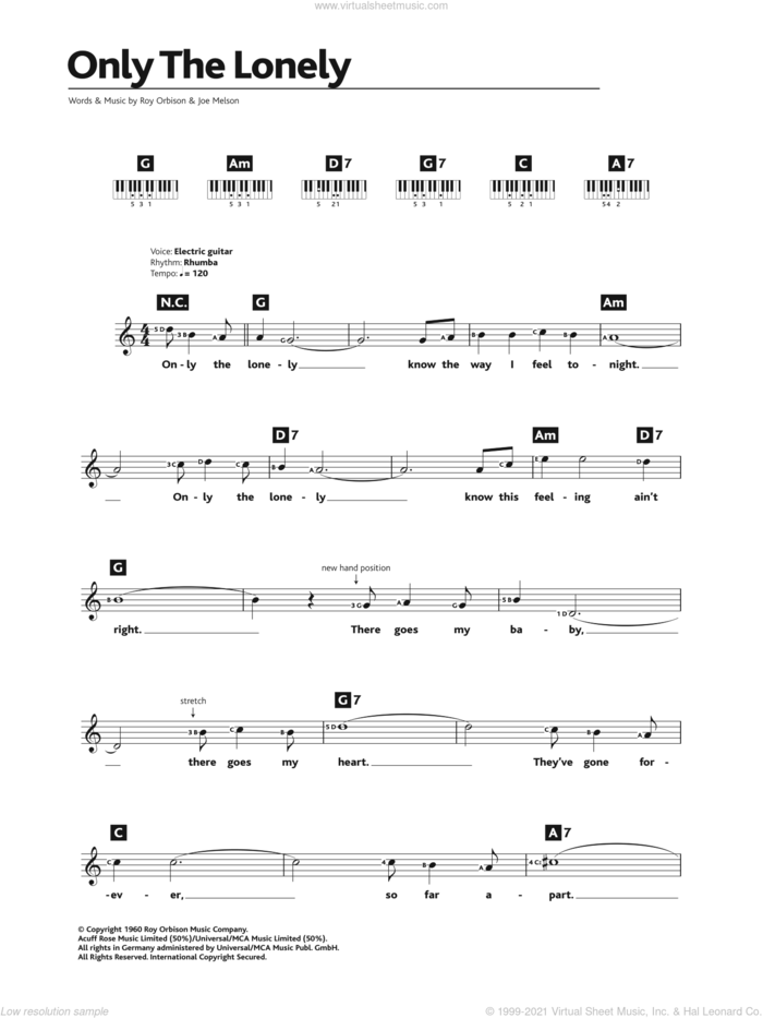 Only The Lonely sheet music for piano solo (chords, lyrics, melody) by Roy Orbison and Joe Melson, intermediate piano (chords, lyrics, melody)