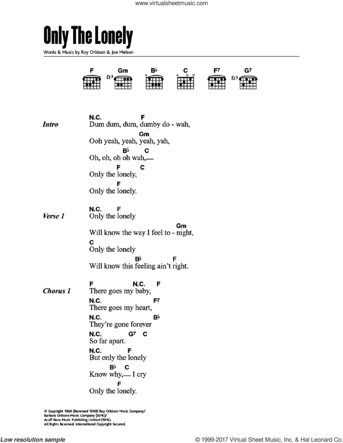 Only The Lonely (Know The Way I Feel) sheet music for guitar (chords) by Roy Orbison and Joe Melson, intermediate skill level