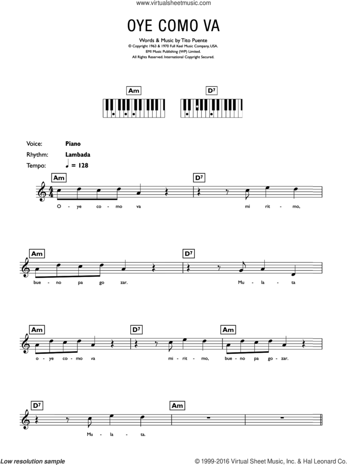 Oye Como Va sheet music for piano solo (chords, lyrics, melody) by Tito Puente, intermediate piano (chords, lyrics, melody)