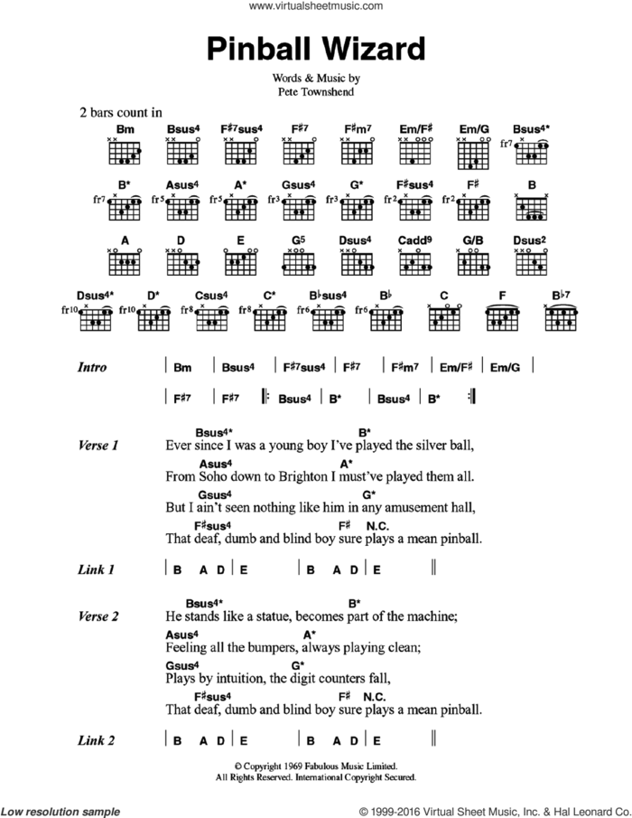 Pinball Wizard sheet music for guitar (chords) by The Who and Pete Townshend, intermediate skill level