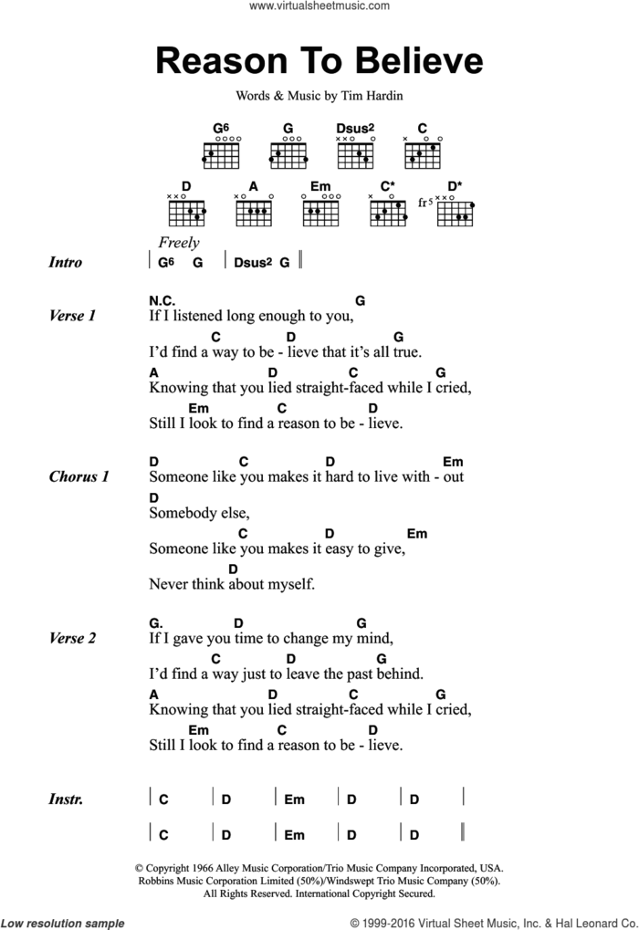Reason To Believe sheet music for guitar (chords) by Rod Stewart and Tim Hardin, intermediate skill level