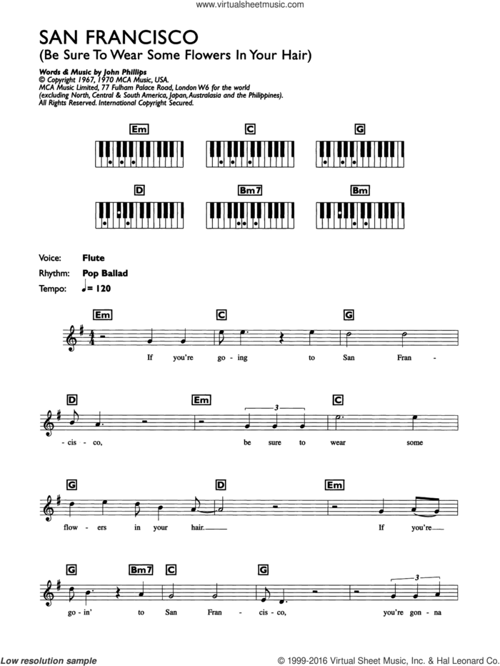 San Francisco (Be Sure To Wear Some Flowers In Your Hair), (intermediate) (Be Sure To Wear Some Flowers In Your Hair) sheet music for piano solo (chords, lyrics, melody) by Scott McKenzie and John Phillips, intermediate piano (chords, lyrics, melody)